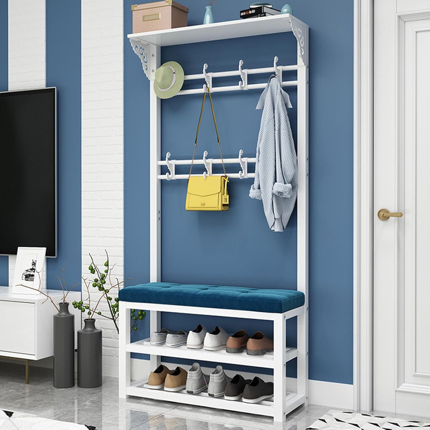 4 in 1 Entryway Coat Rack with Shoe Bench Storage Shelves and Removable Hooks