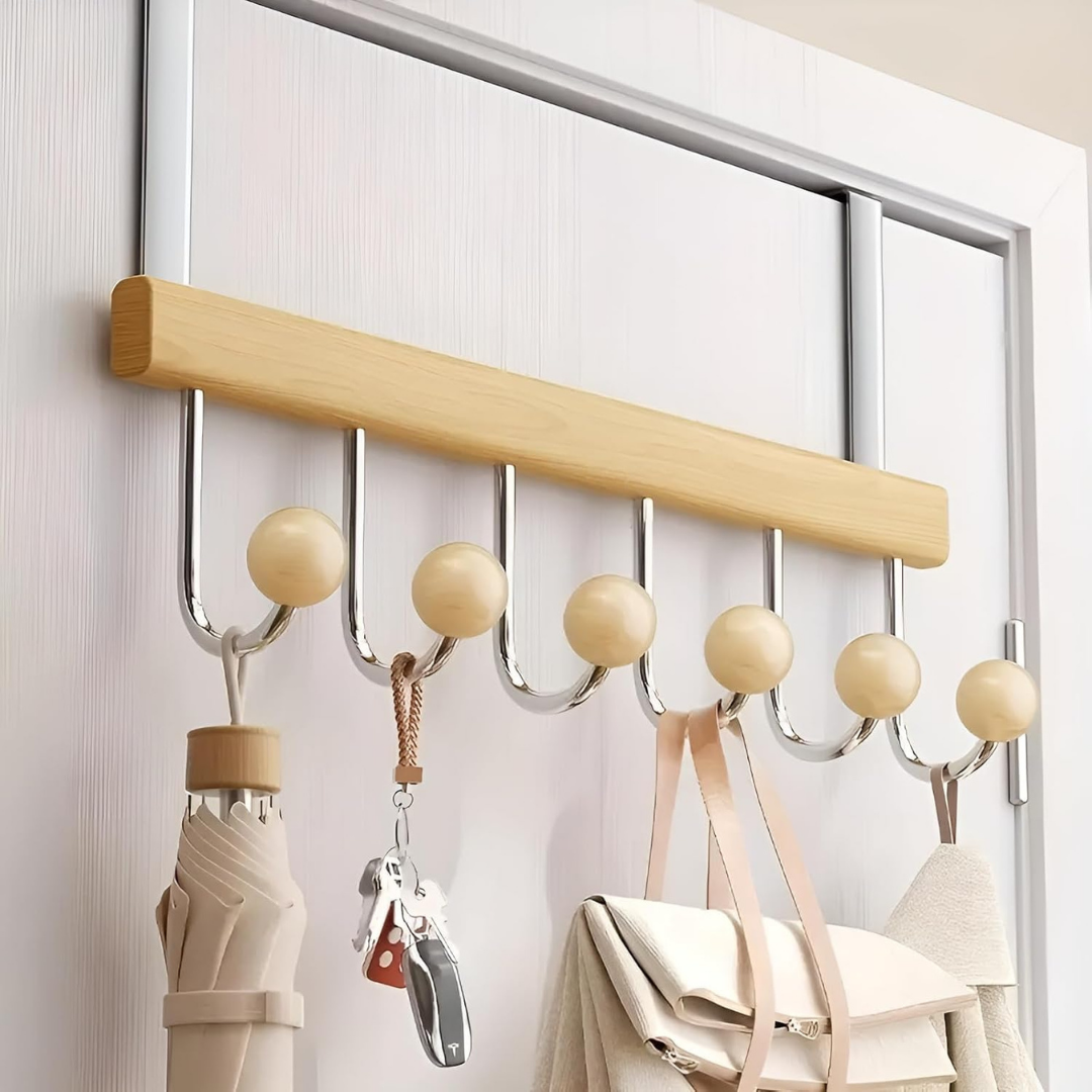 HOMERO 6 Hook Wooden Over Door Hook Rack Cloth Organizer
