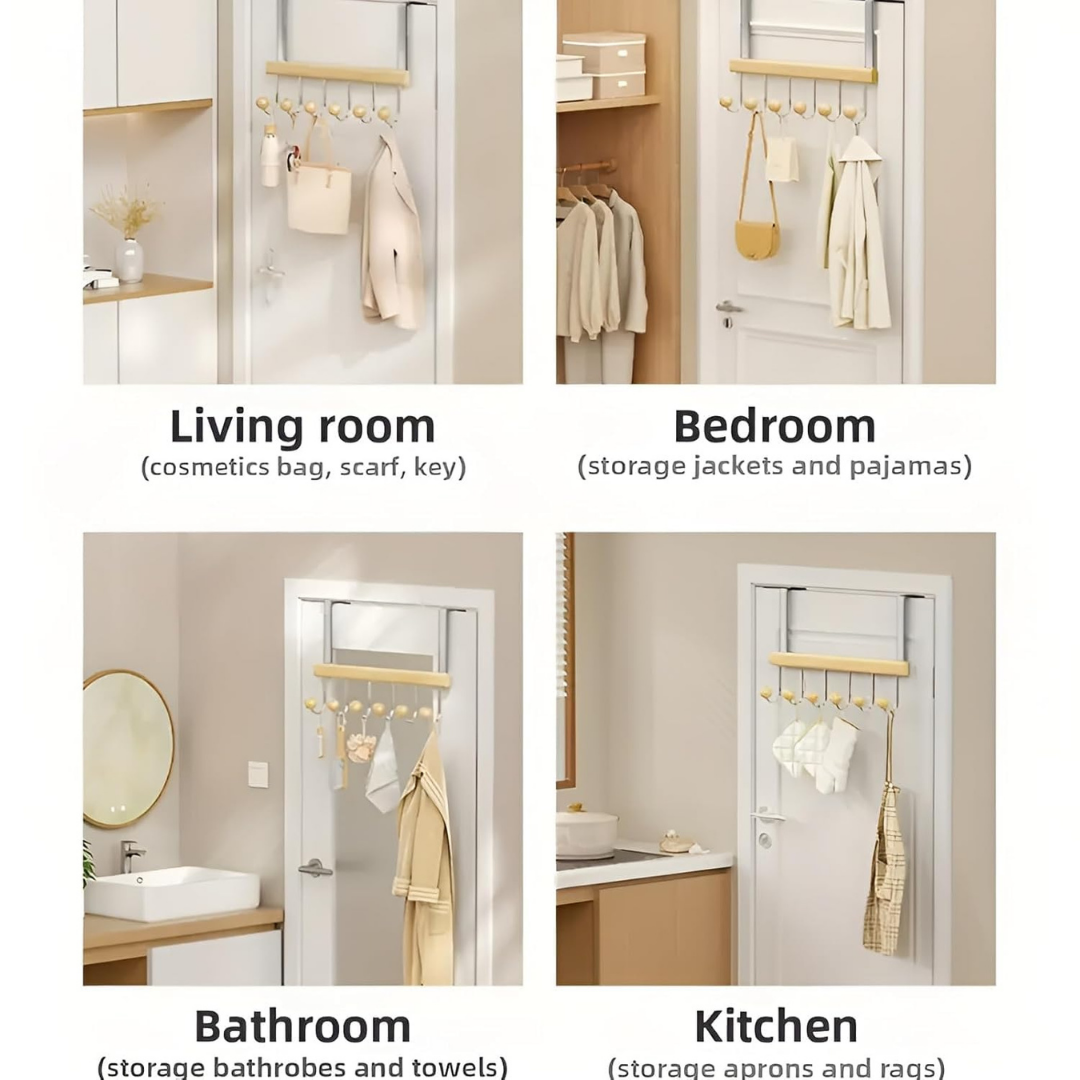 HOMERO 6 Hook Wooden Over Door Hook Rack Cloth Organizer