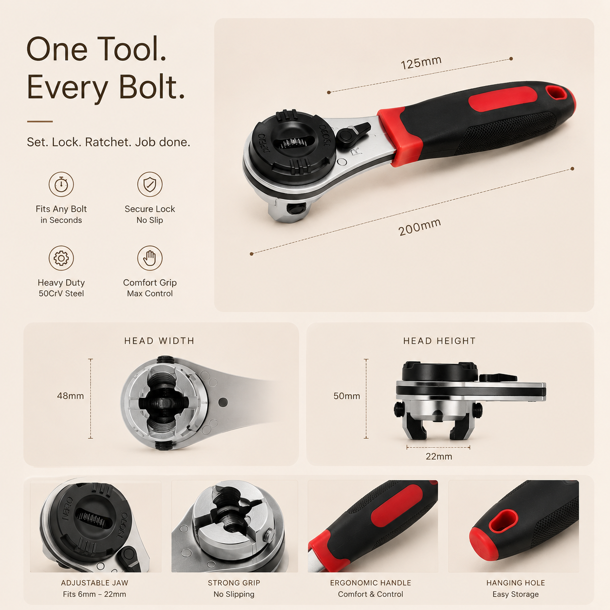 HOMERO All-in-One Adjustable Ratchet Wrench (6-22mm Size)