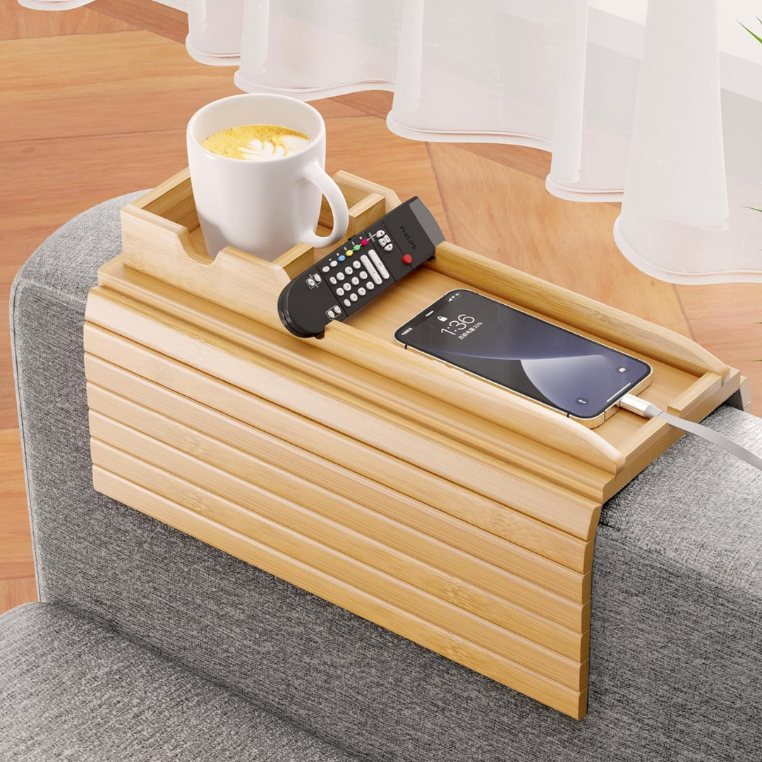 Bamboo Sofa Armrest Tray with Detachable Cup Holder
