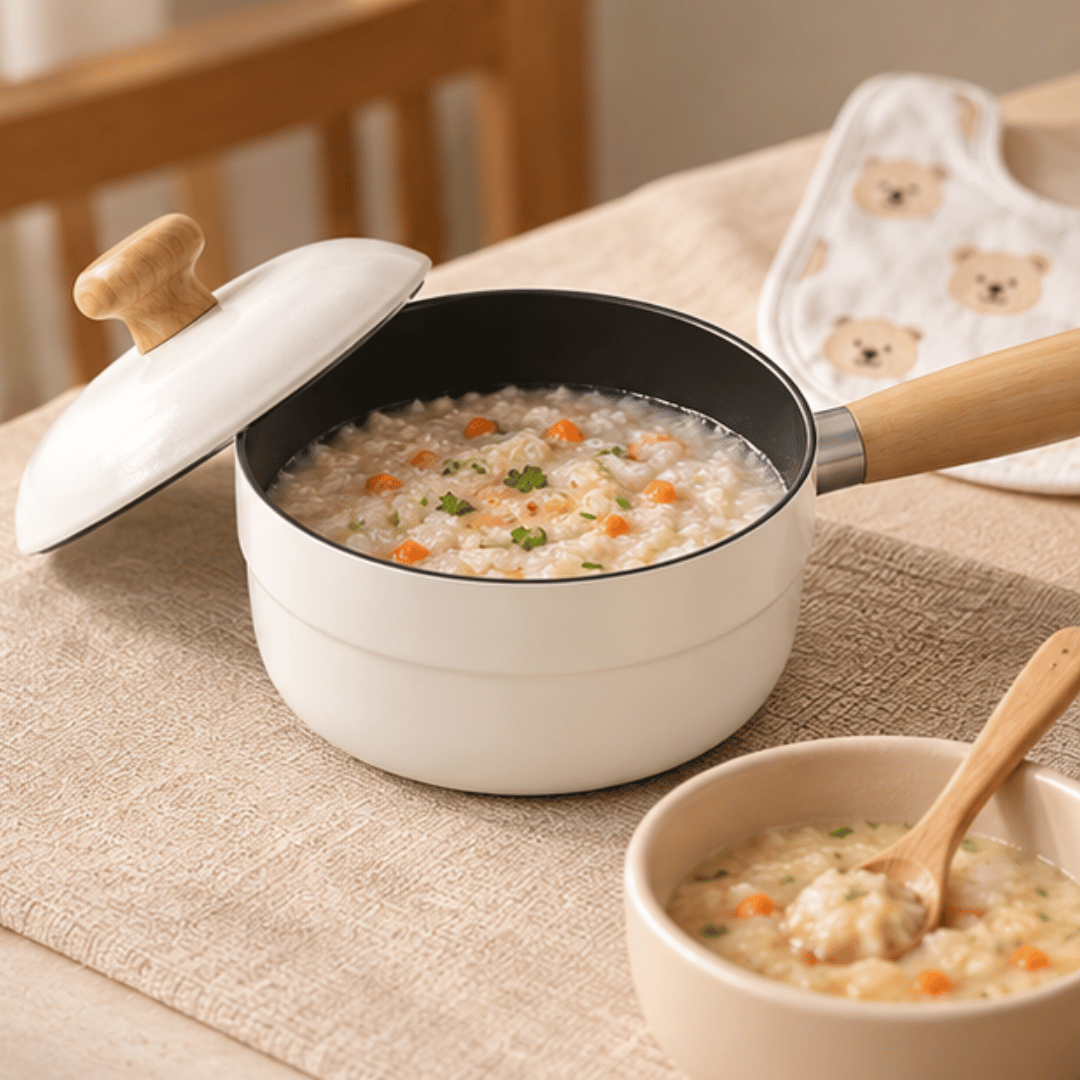 Premium White Enamel Milk Pot With Wooden Handle & Lid