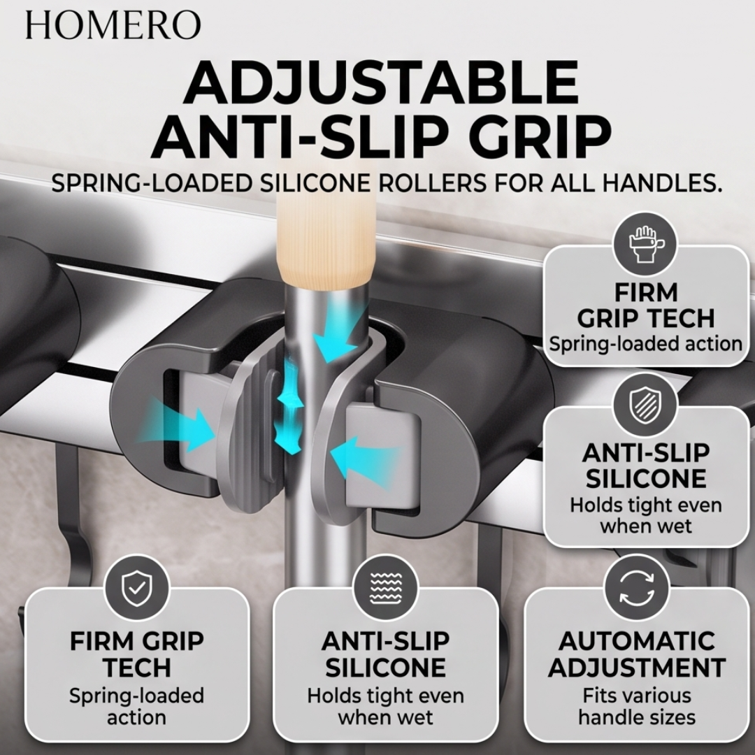 Wall Mounted Sliding Mop and Broom Holder Organizer with Strong Suction Cup