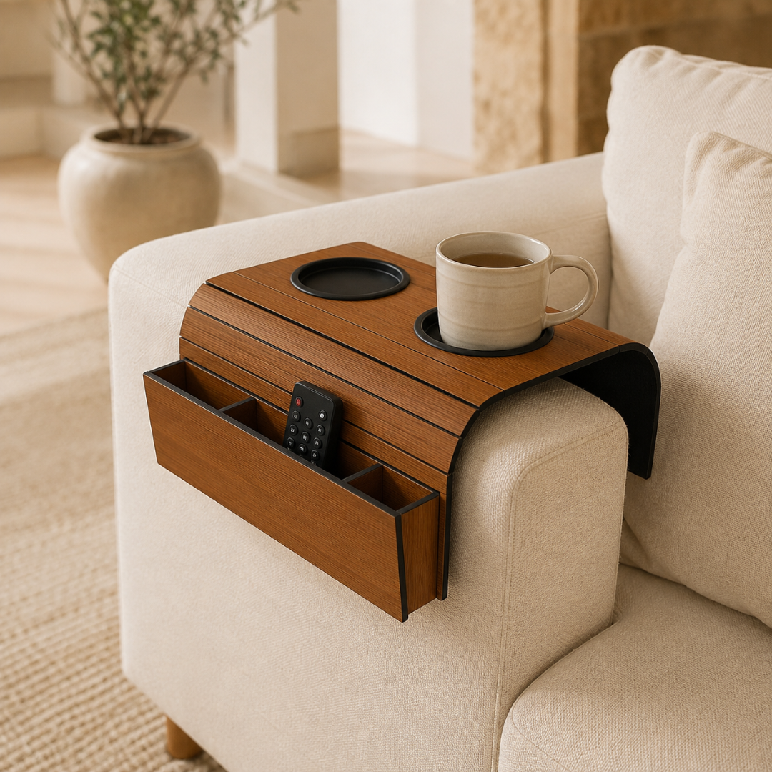 Flexible Wooden Sofa Armrest Tray Table With Dual Cup Holders And Remote Storage