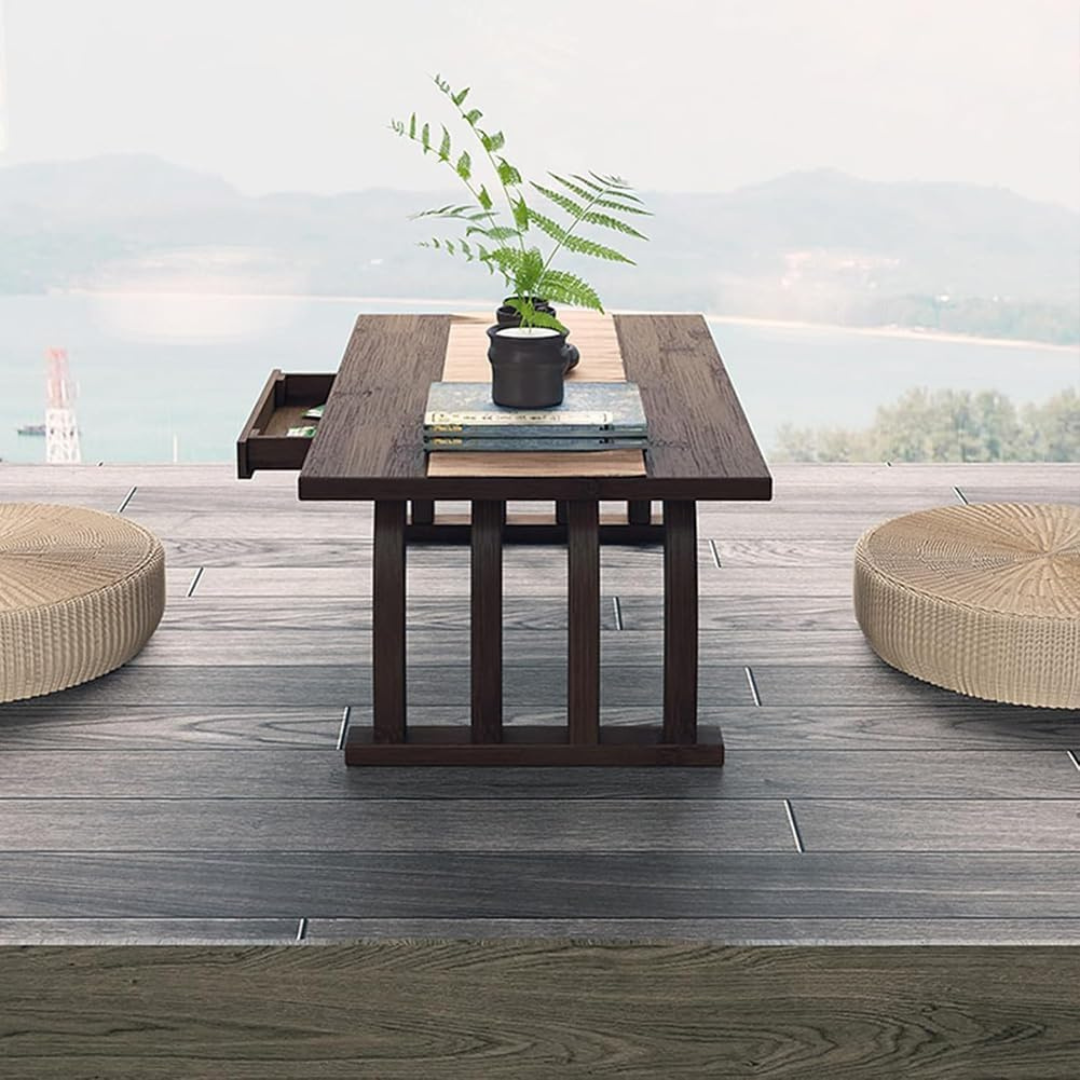 Premium Japanese Style Curve Bamboo Table with Storage Drawer