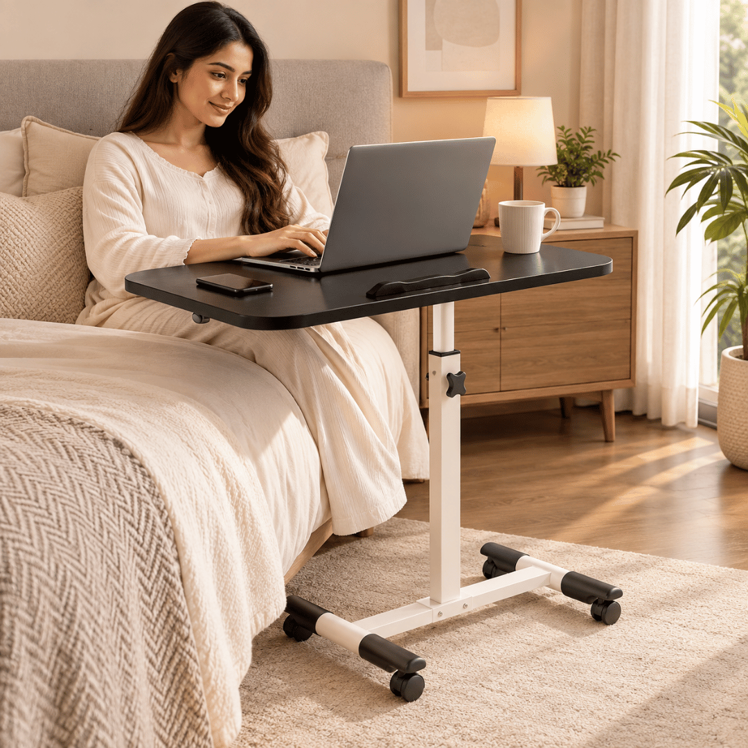 Height Adjustable Laptop Table with Wheels & Rotating Tabletop