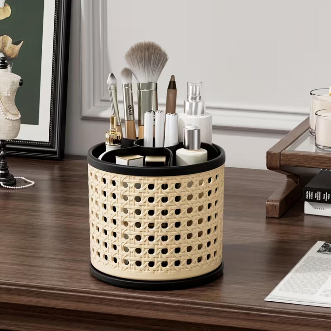 Multi Chamber Vintage Rattan Style Rotating Storage Organizer