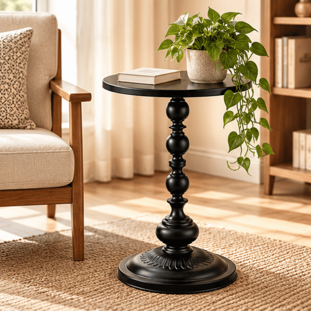Round Matte Black Pedestal Accent Side Table