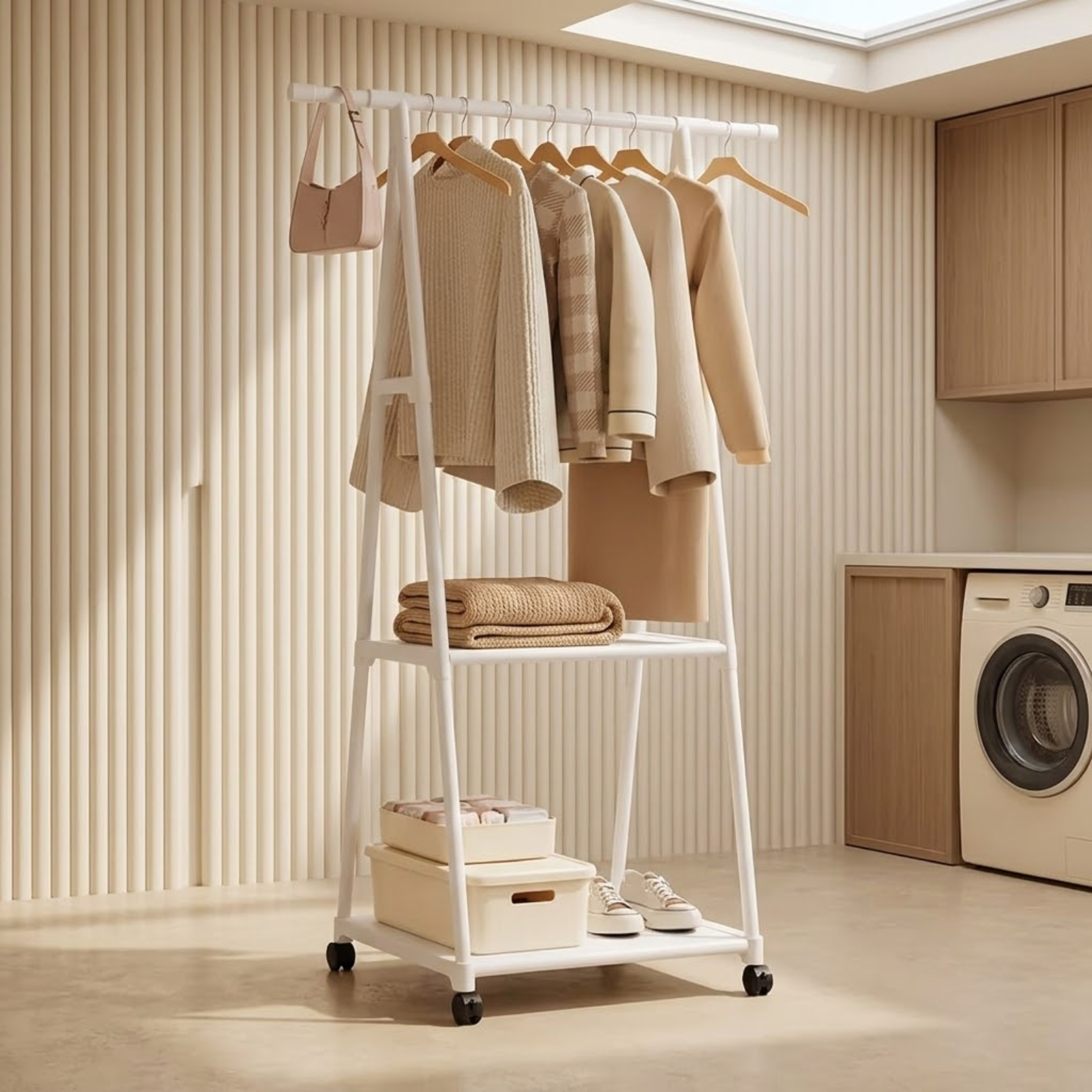 Multi Functional Metal Clothes Rack with Storage Shelves and Wheel