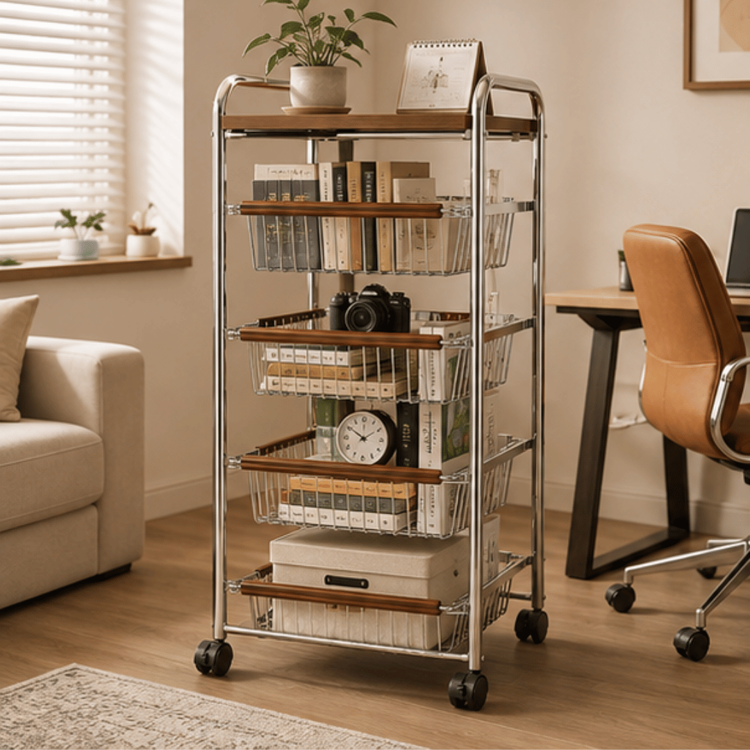 Vintage Multi Layer Storage Trolley with Pull Out Baskets and Detachable Tabletop
