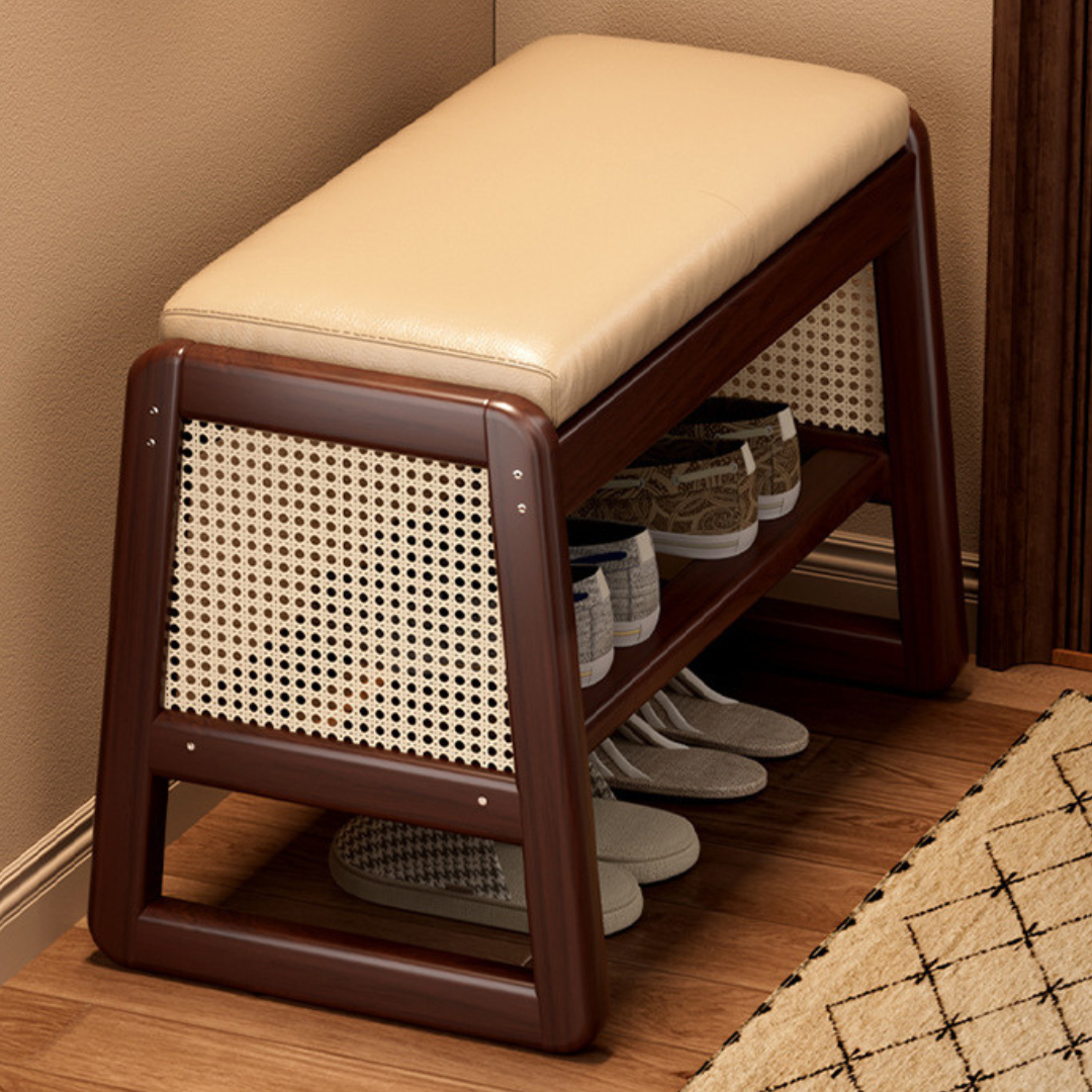 HOMERO Elegant Rattan Design Premium Wooden Shoe Storage Bench - 2 Tier