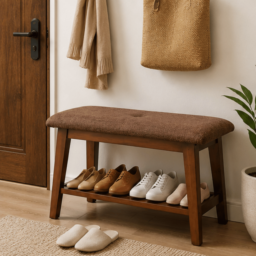 Elegant Bamboo Shoe Rack Bench with Cushioned Seating Storage
