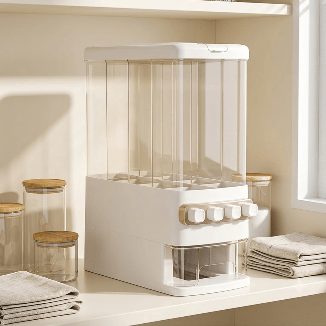 5 Grid Airtight Grain Dispenser with Push Button & Measuring Cup
