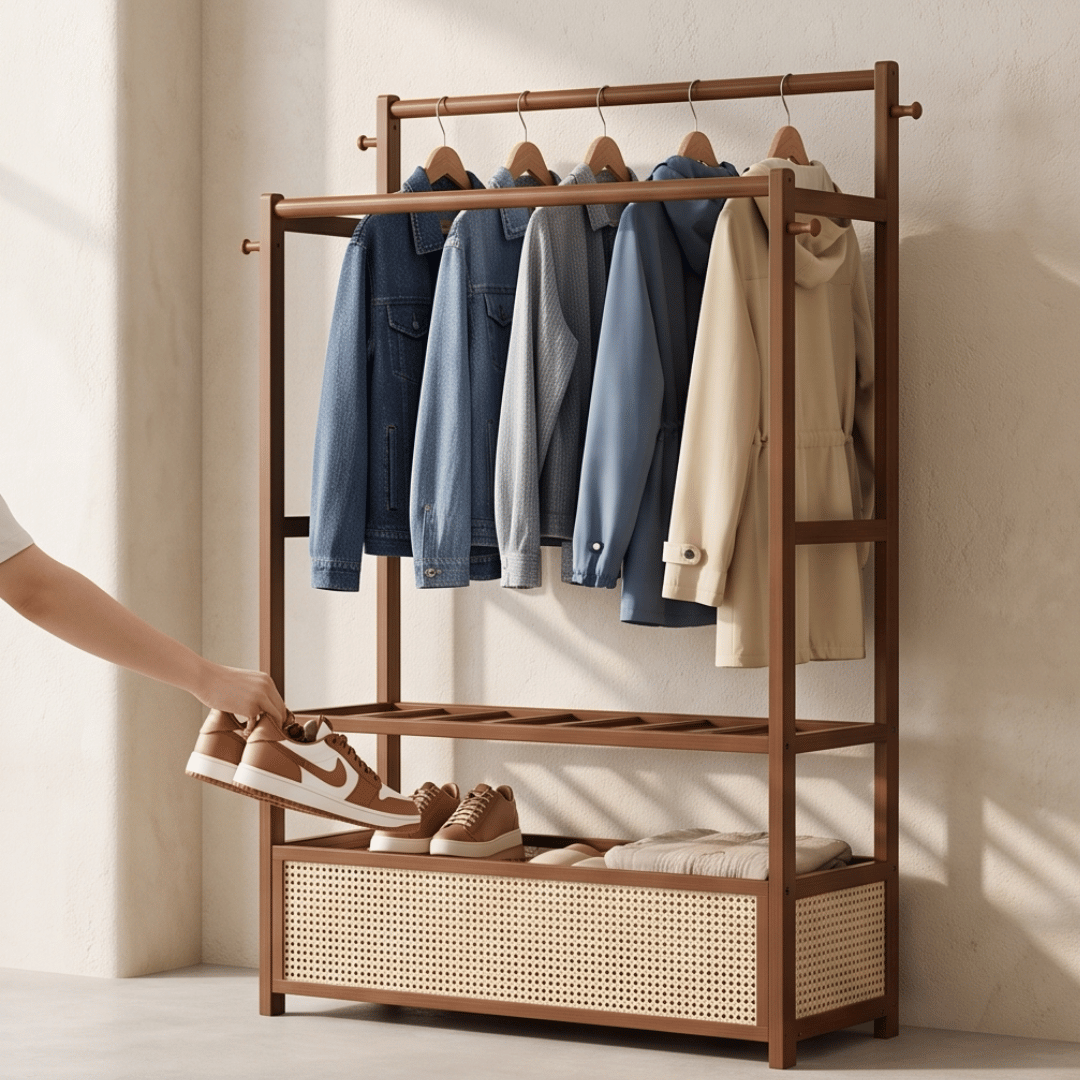 Multifunctional Bamboo Garment Rack with Double Hanging Rods & Rattan Cabinet Storage Shelf