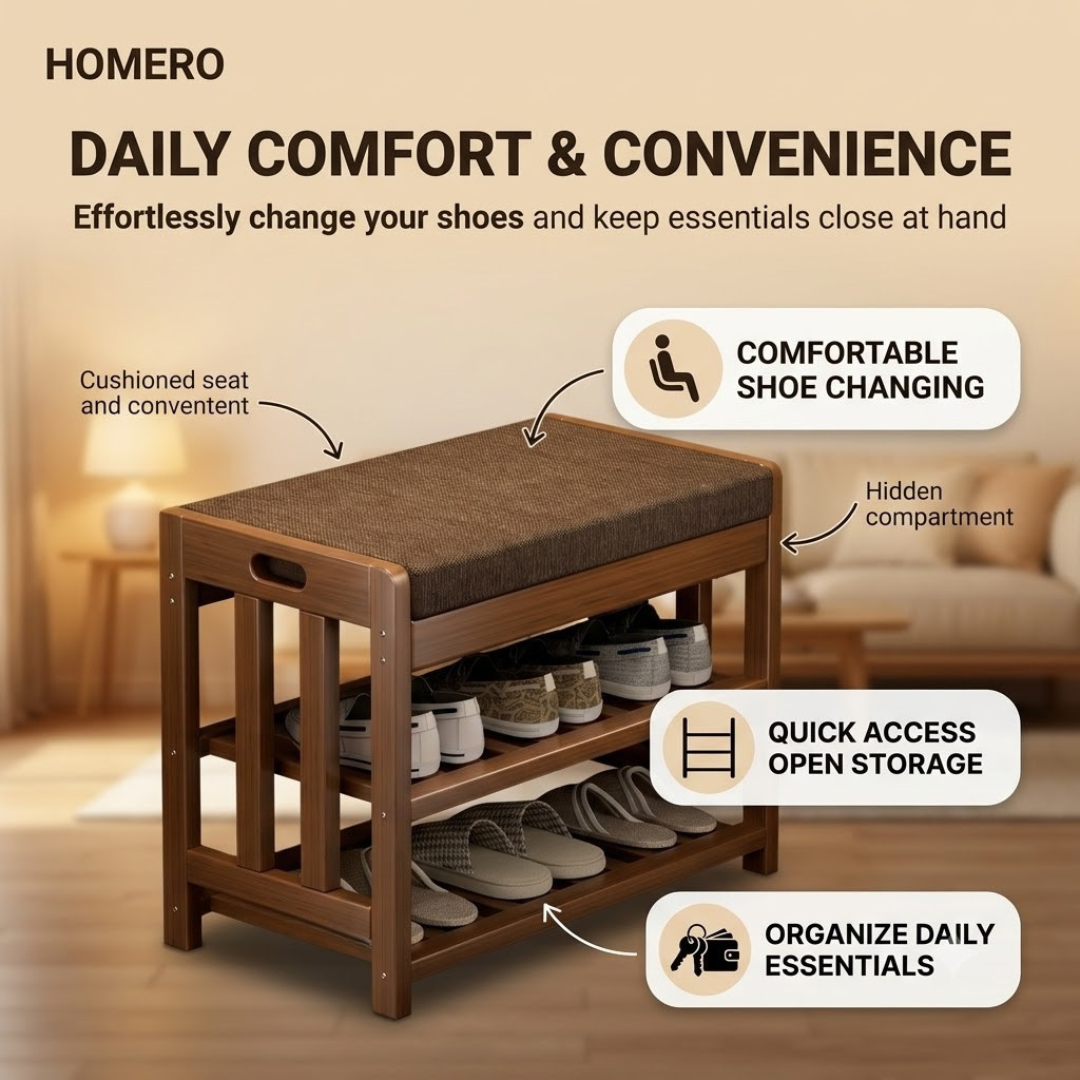 Multi-Purpose Bamboo Shoe Rack & Changing Bench with Cushioned Seat