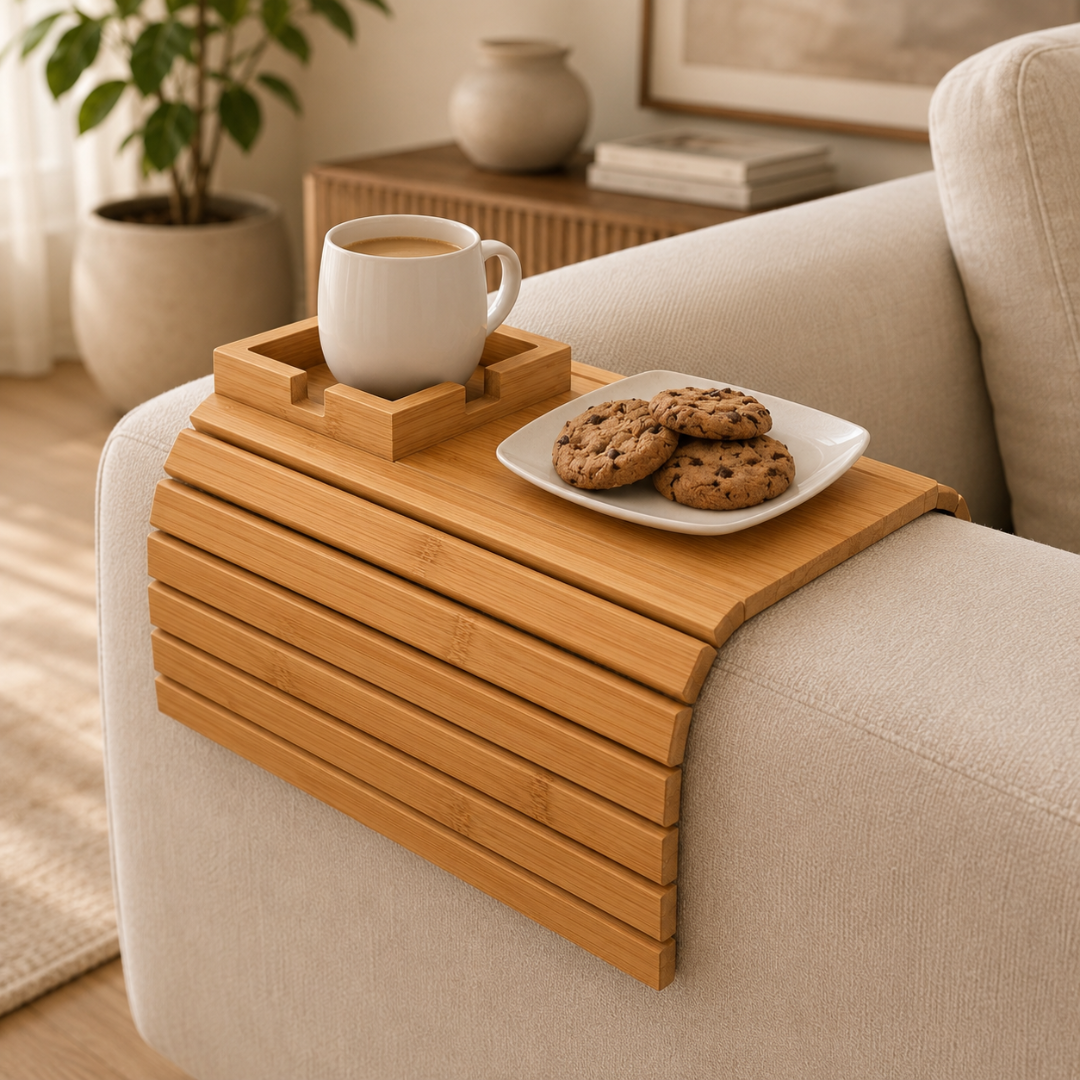 Bamboo Couch Armrest Tray Table with Cup Holder & Snack Organizer