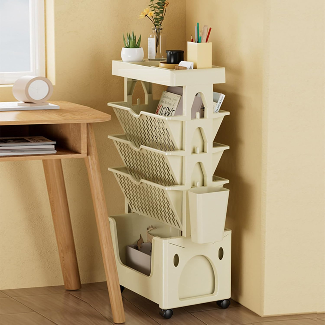 5 Tier Rolling Bookshelf Organizer with Removable Baskets Wheels