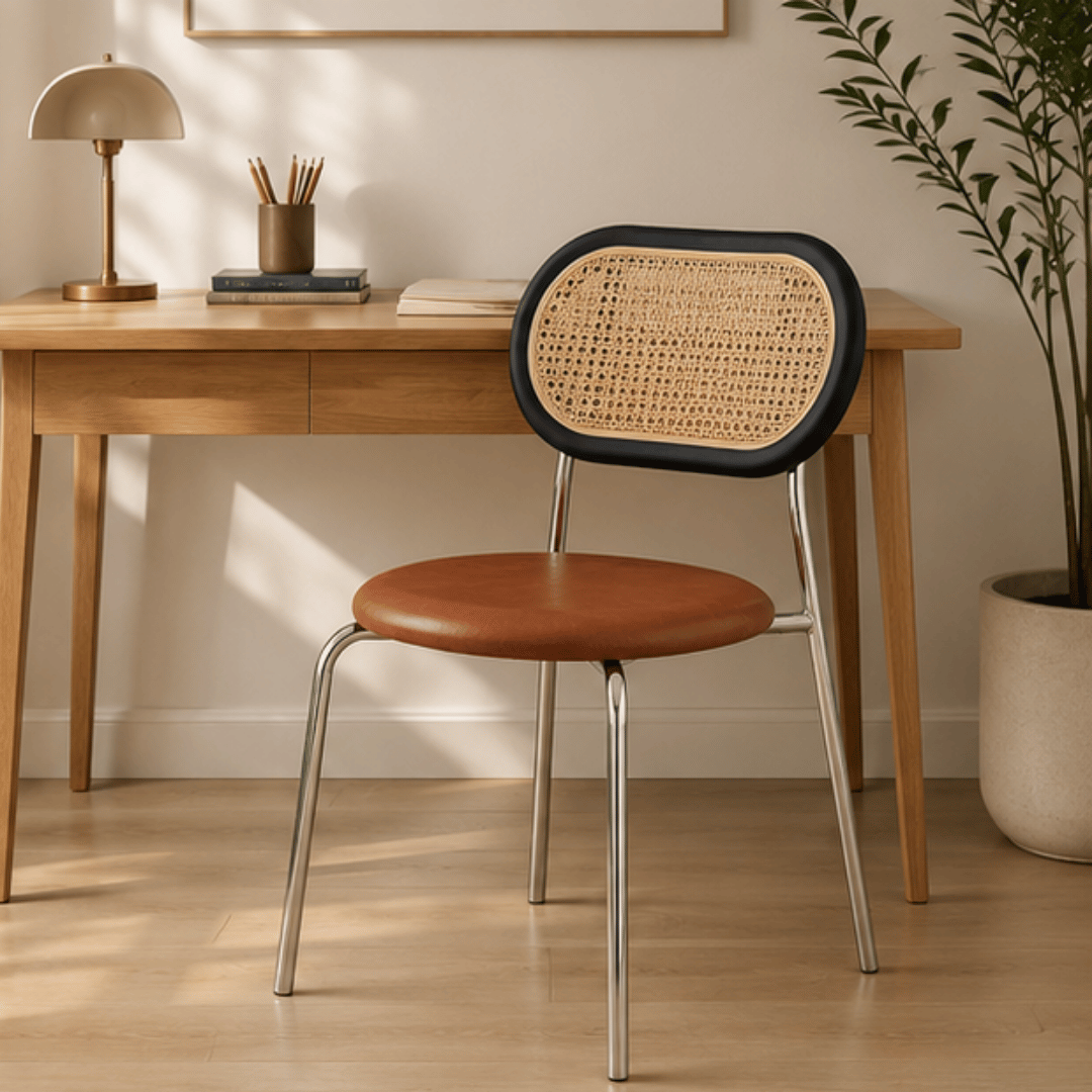 Elegant Rattan Ergonomic Backrest PU Leather Cushion Chair
