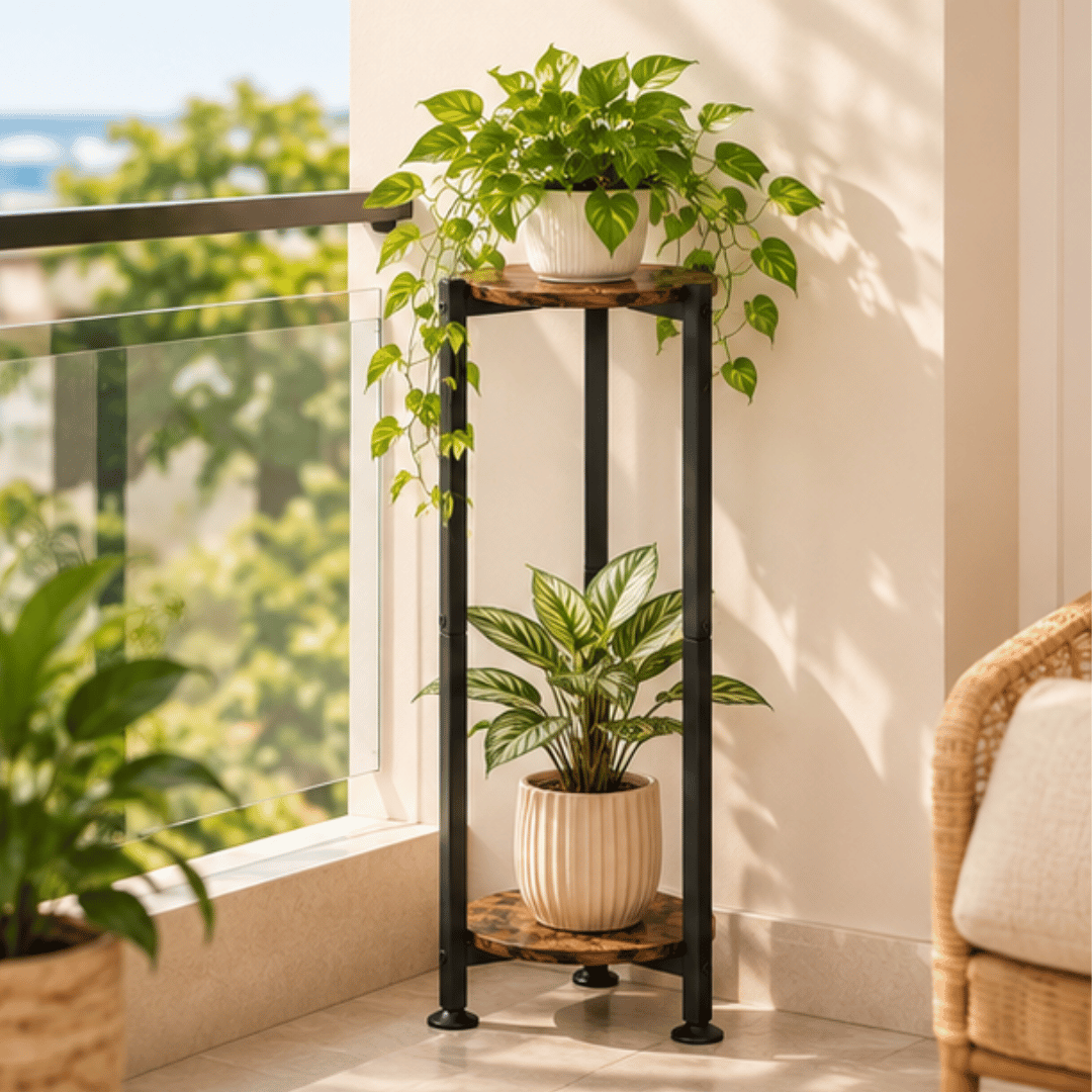Two Tier Round Plant Stand with Oak Finish Shelves and Metal Frame