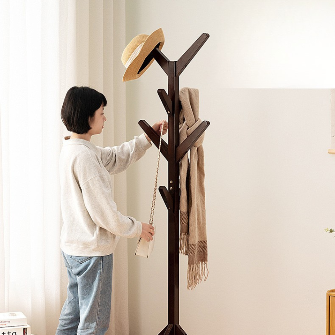 Bamboo Wooden Tree Coat Rack Stand with 8 Hooks