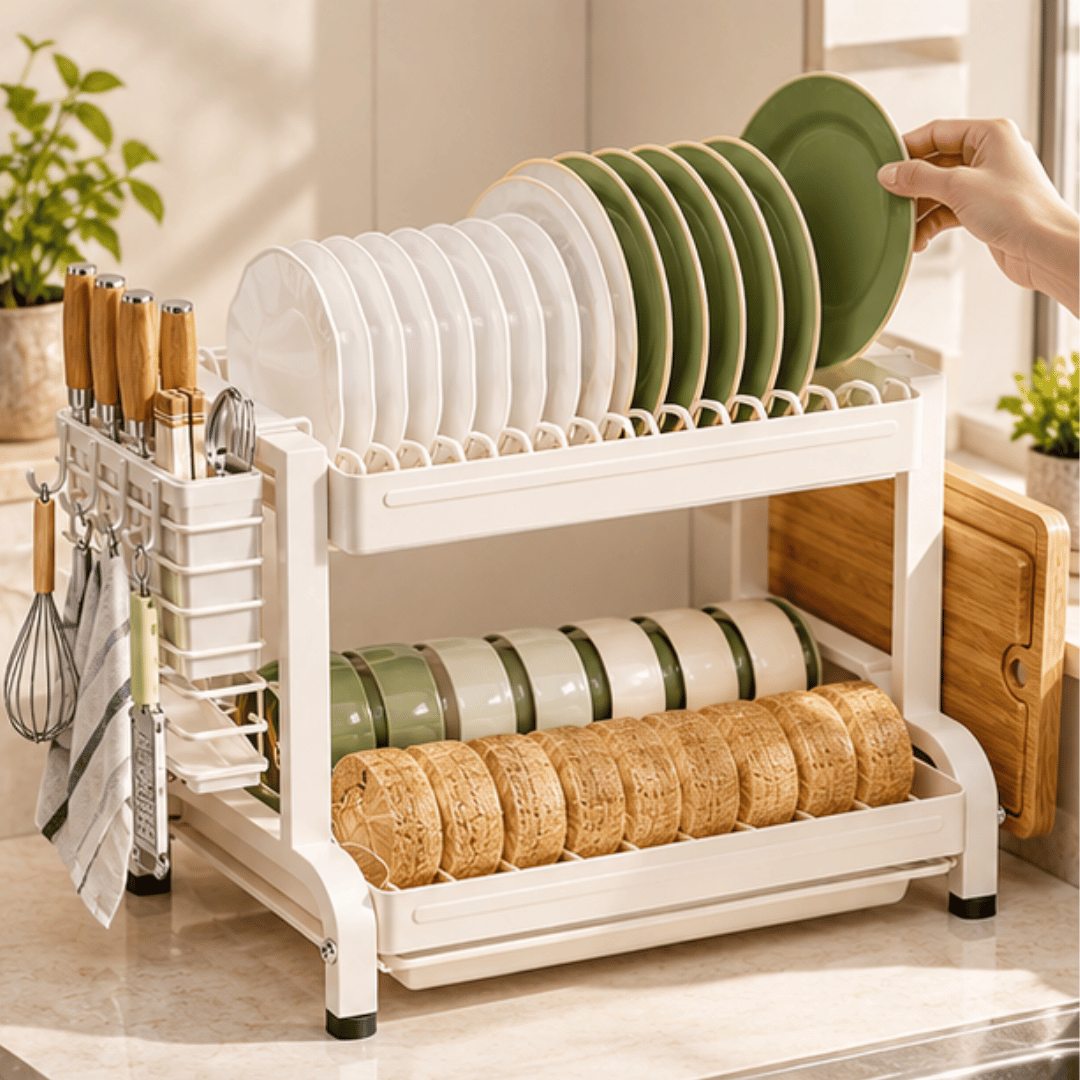 Premium Multi Layer Kitchen Dish Drying Rack with Cutting Board and Cutlery Storage