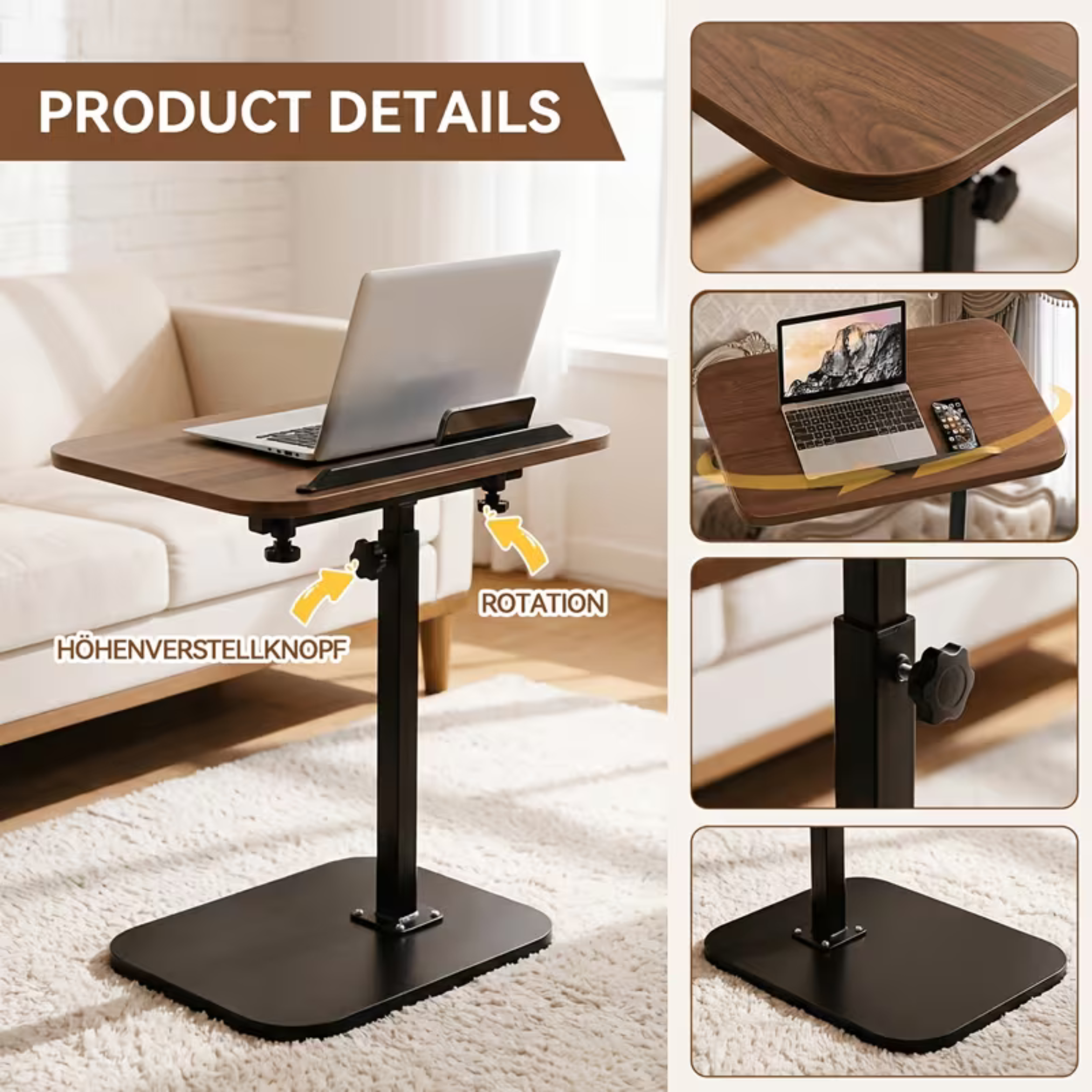 360° Rotating Height Adjustable C-Shaped Laptop Stand Side Table