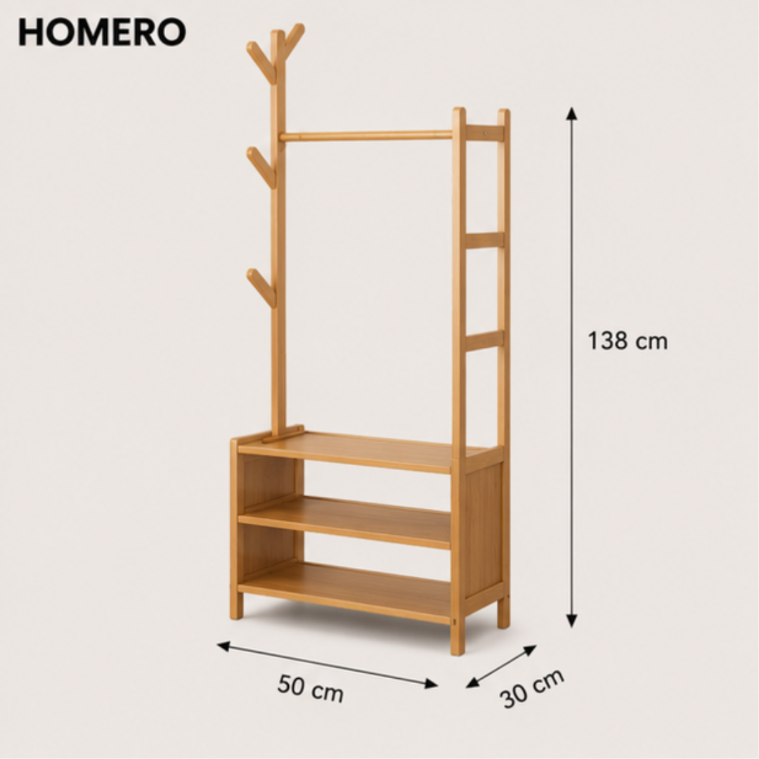 Modern Wooden Garment Rack with Storage Shelves Clothes Organizer