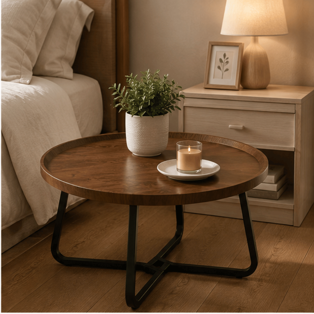 Modern Cocoa Wood Metal Frame Round Coffee Table