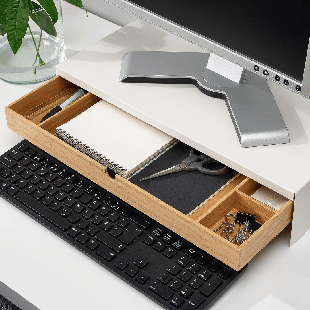 Premium Bamboo Monitor Stand with Drawer Desk Organiser