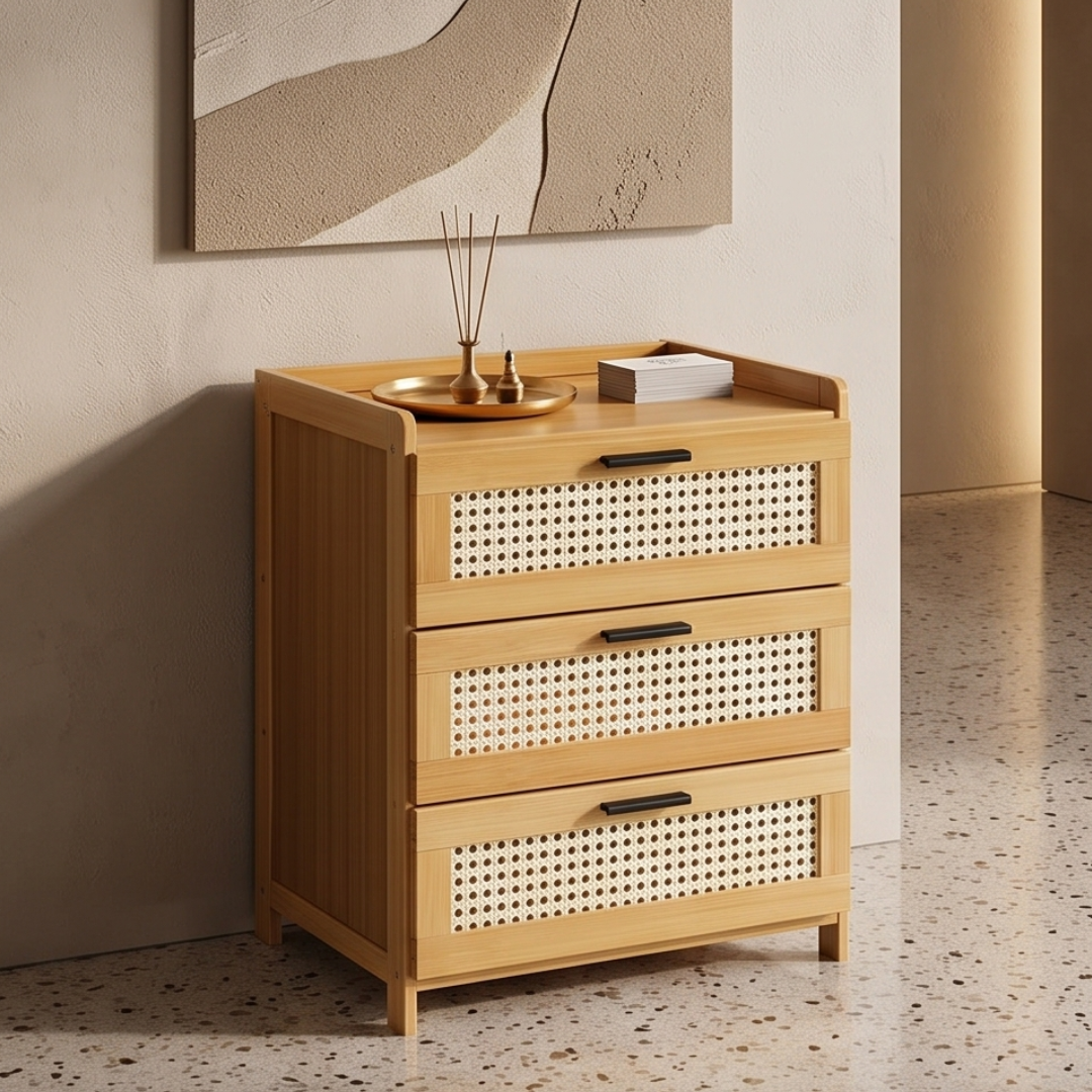 Multipurpose Bamboo Side Table with Three Drawers