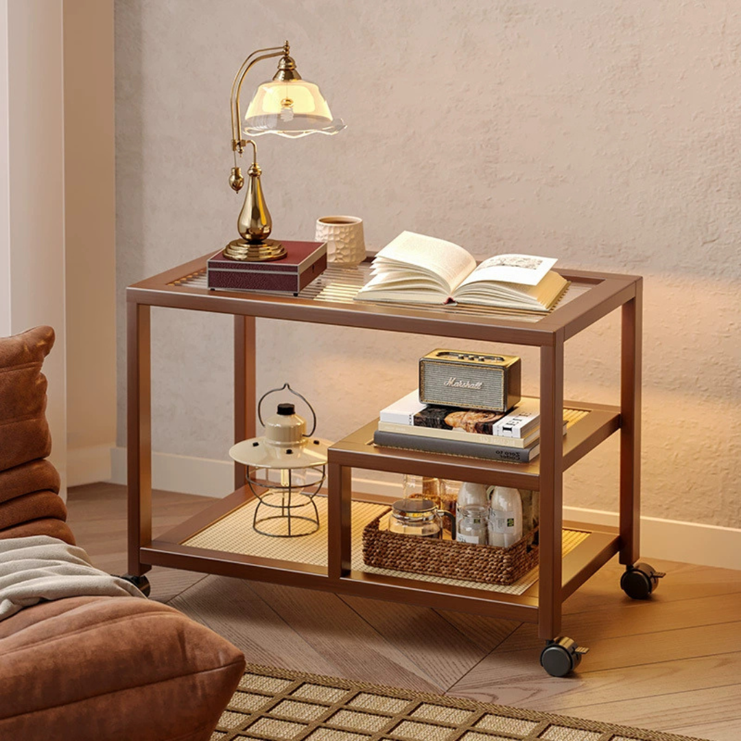 Premium Bamboo Rattan Rolling Side Table with Storage Shelves