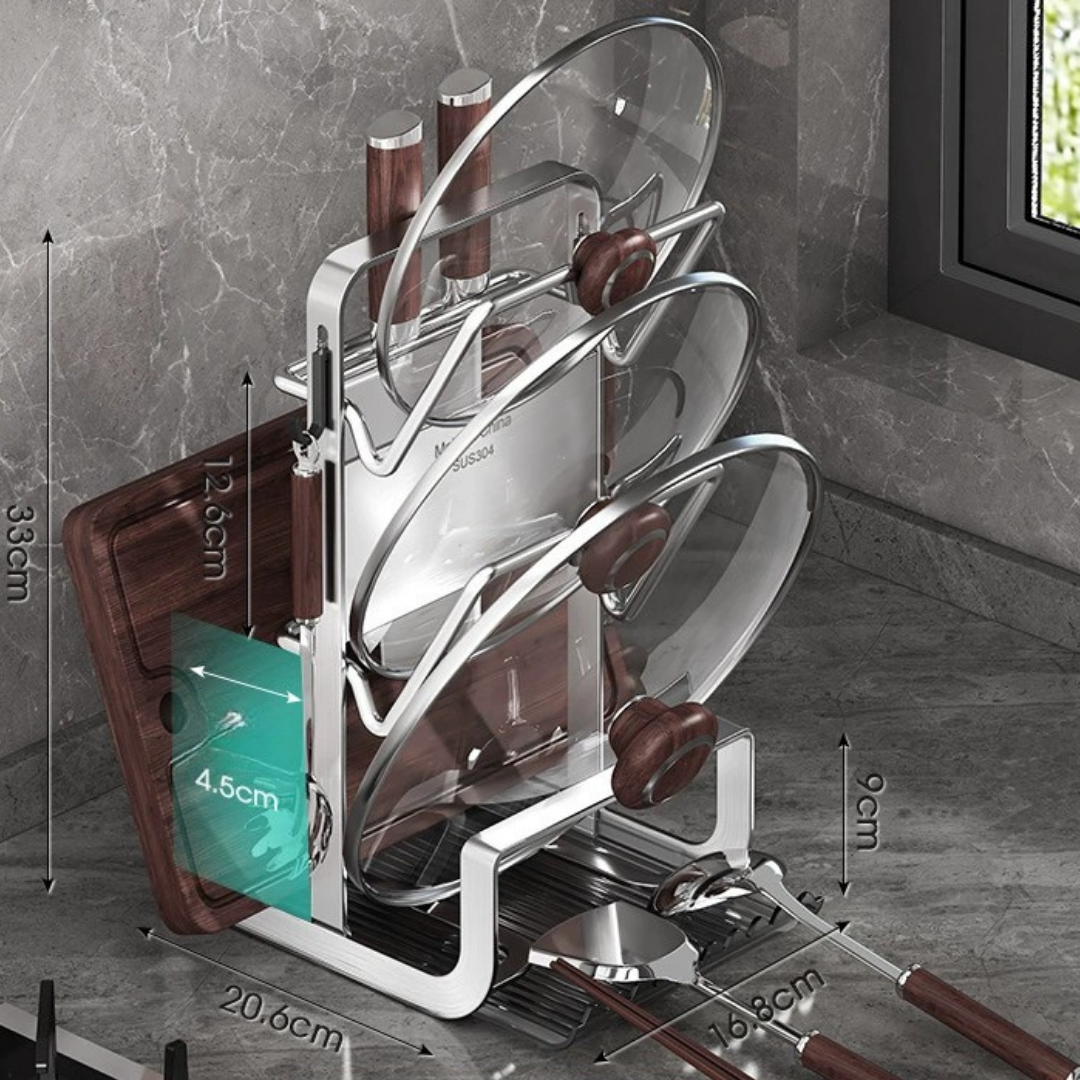 HOMERO Wall Mount Design Multifunctional Stainless Steel Pot Lid Rack with Drip Tray