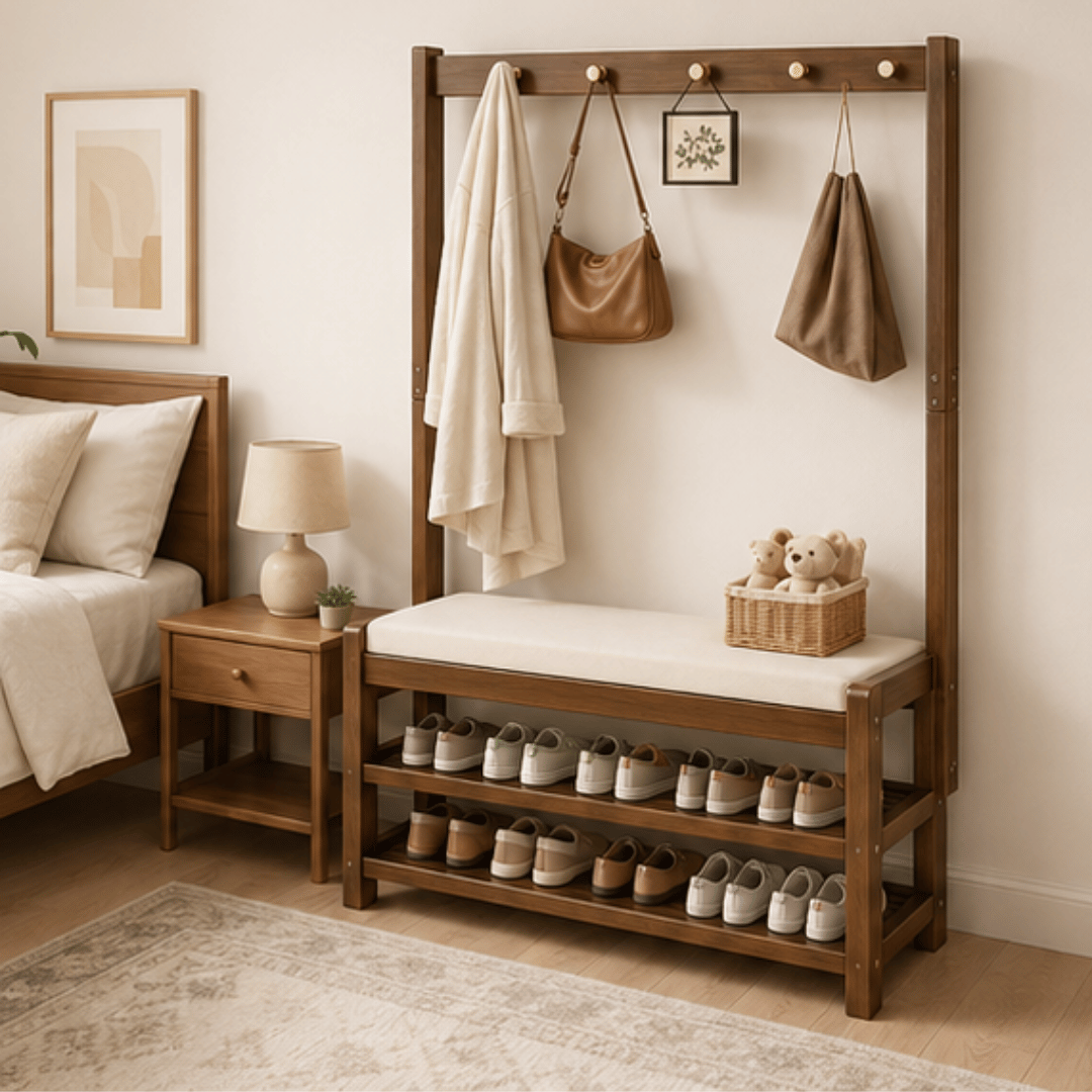 Multi Functional Bamboo Clothes Rack with Shoes Organizer Bench