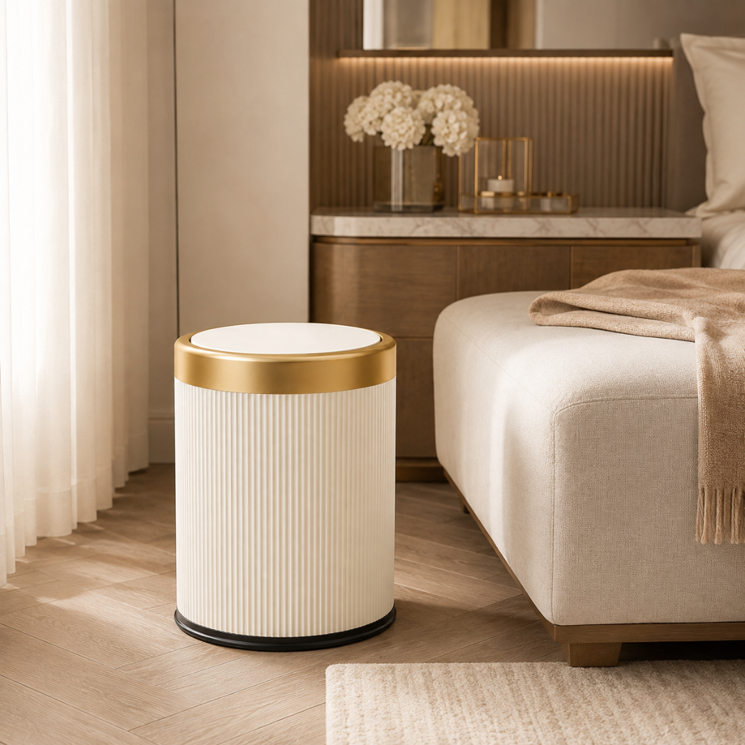 Modern Cream White Dustbin with Inner Bucket and Gold Accents (8L)