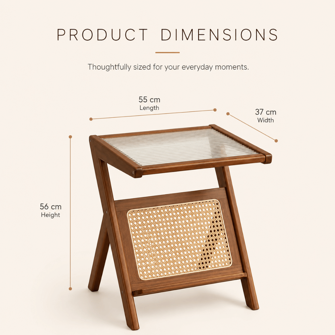 Elegant Z-Shape Boho Wooden Side Table with Toughened Glass Top