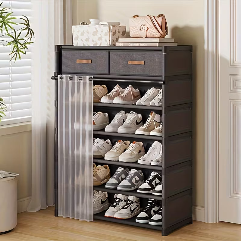 Multi Layer Shoe Organizer with Double Drawers and Sliding Curtain