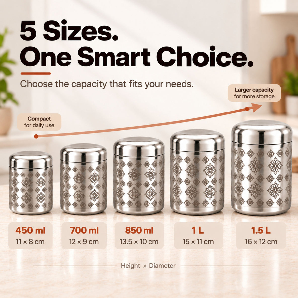 Diamond Bloom Pattern Stainless Steel Kitchen Storage Jars