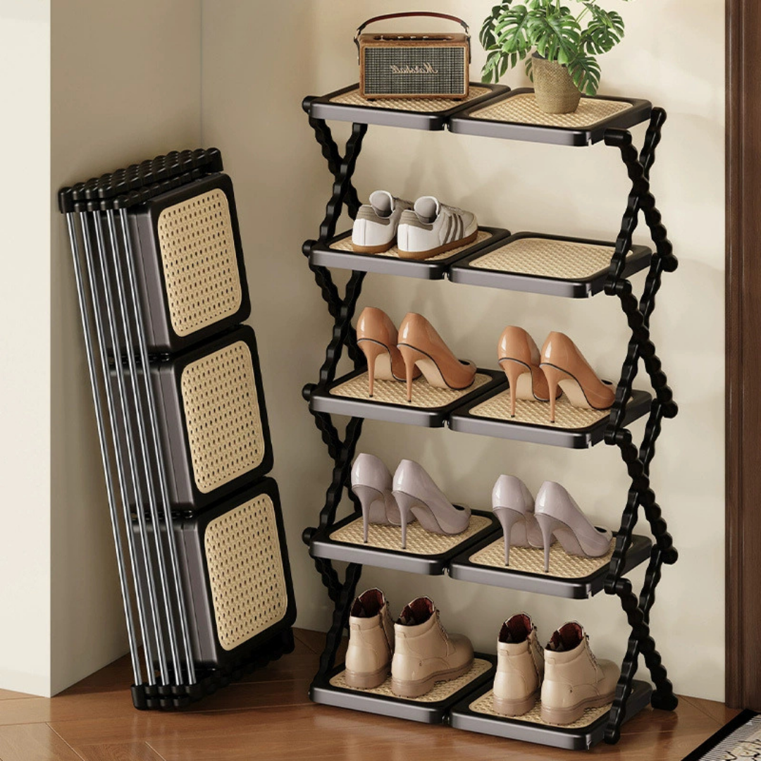 HOMERO Rattan Textured Foldable Multi Layer Shoe Rack