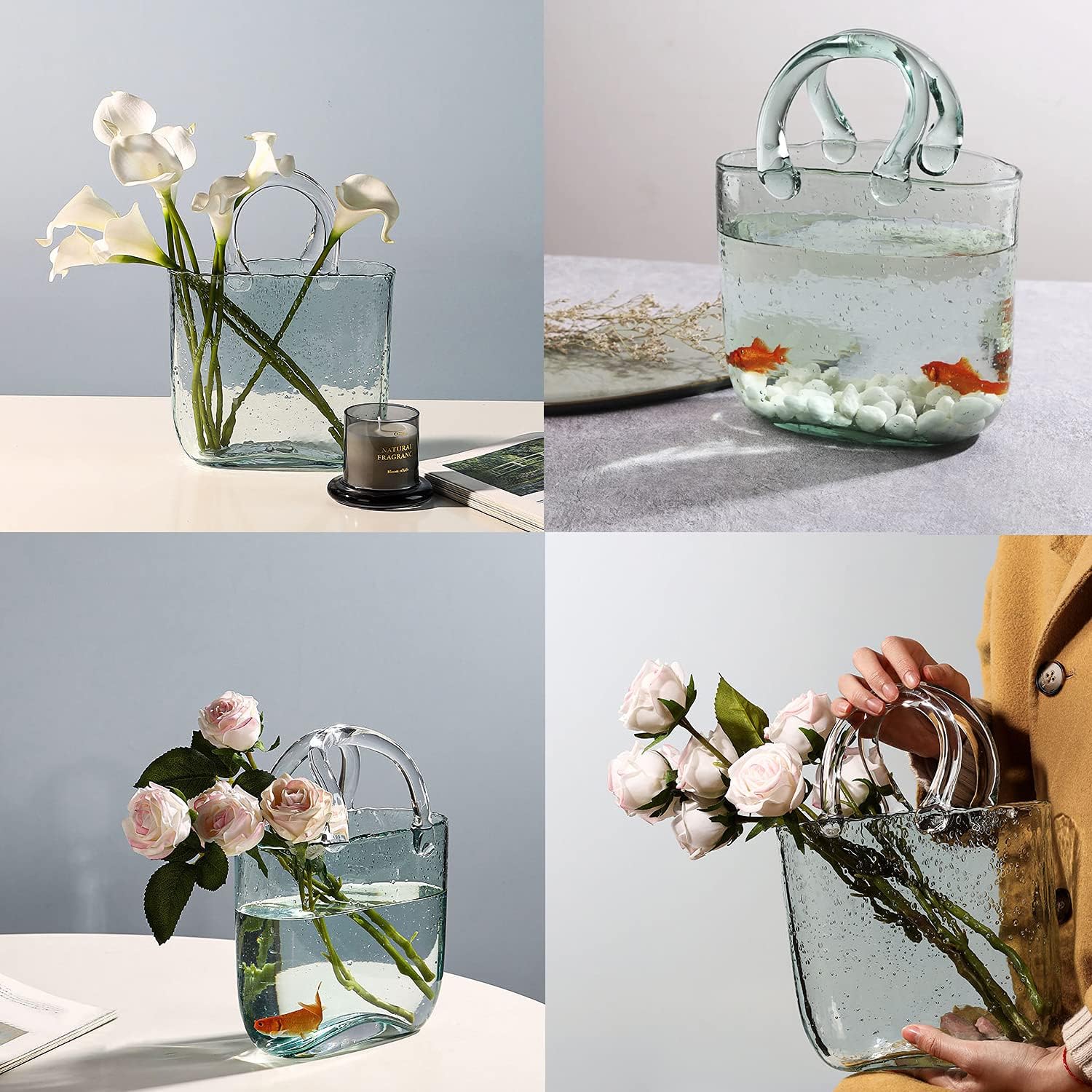 Homero Transparent Hand Blown Glass Vase with Elegant Purse Design