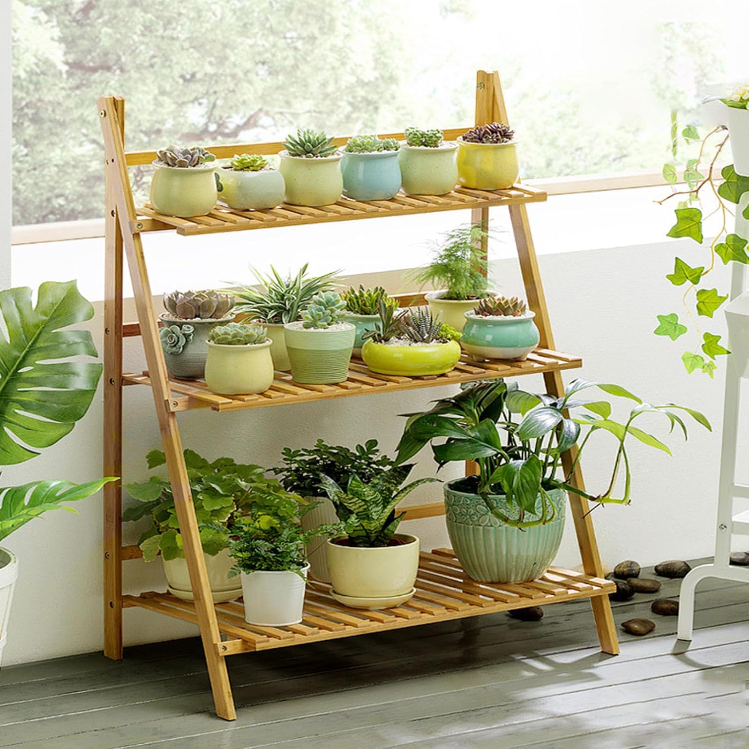 Homero 3 Tier Bamboo Folding Ladder Plant Stand Wide Display Rack - 70x40x96 cm