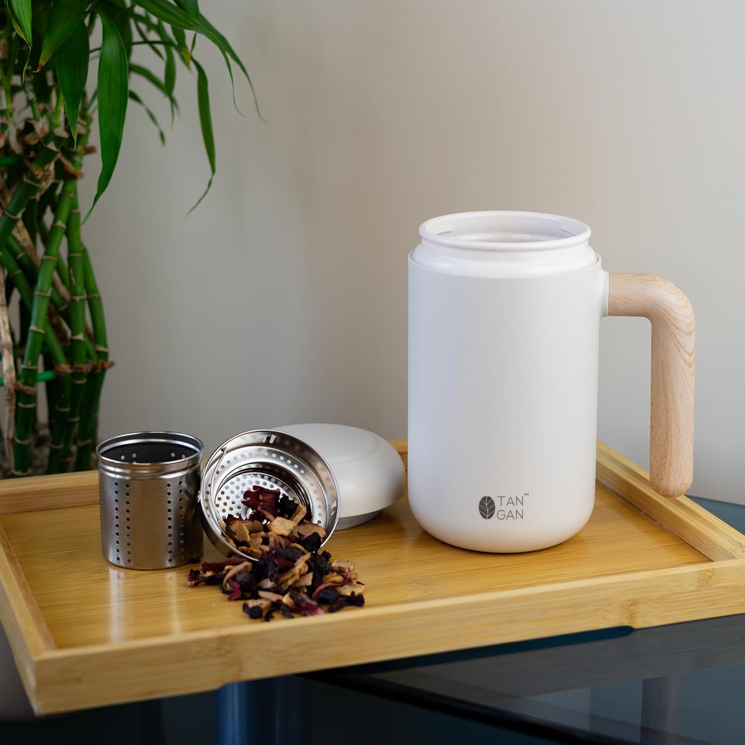 HOMERO Stainless Steel Automatic Stirring Mug with Wooden Handle - 420ml