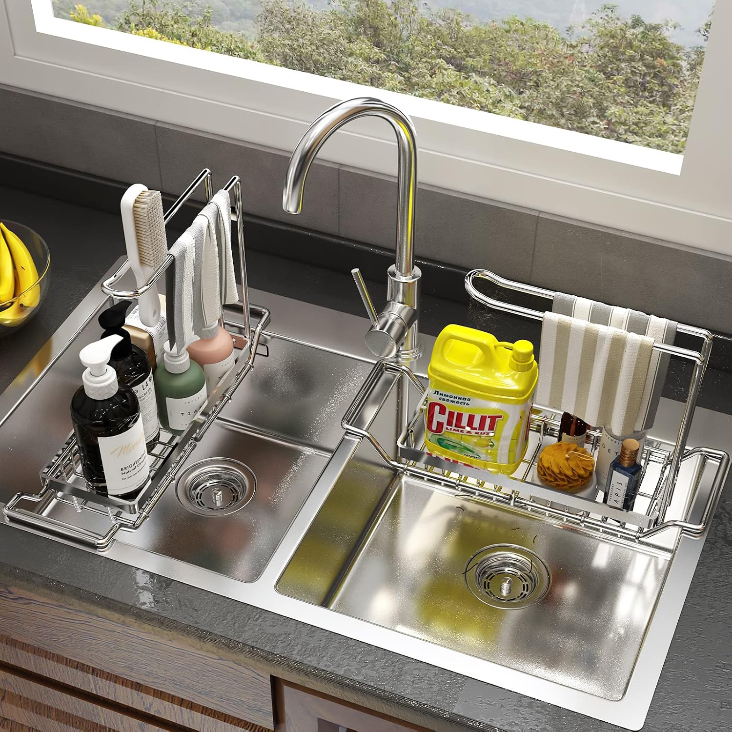 Expandable Stainless Steel Kitchen Sink Organizer with Drain Holder