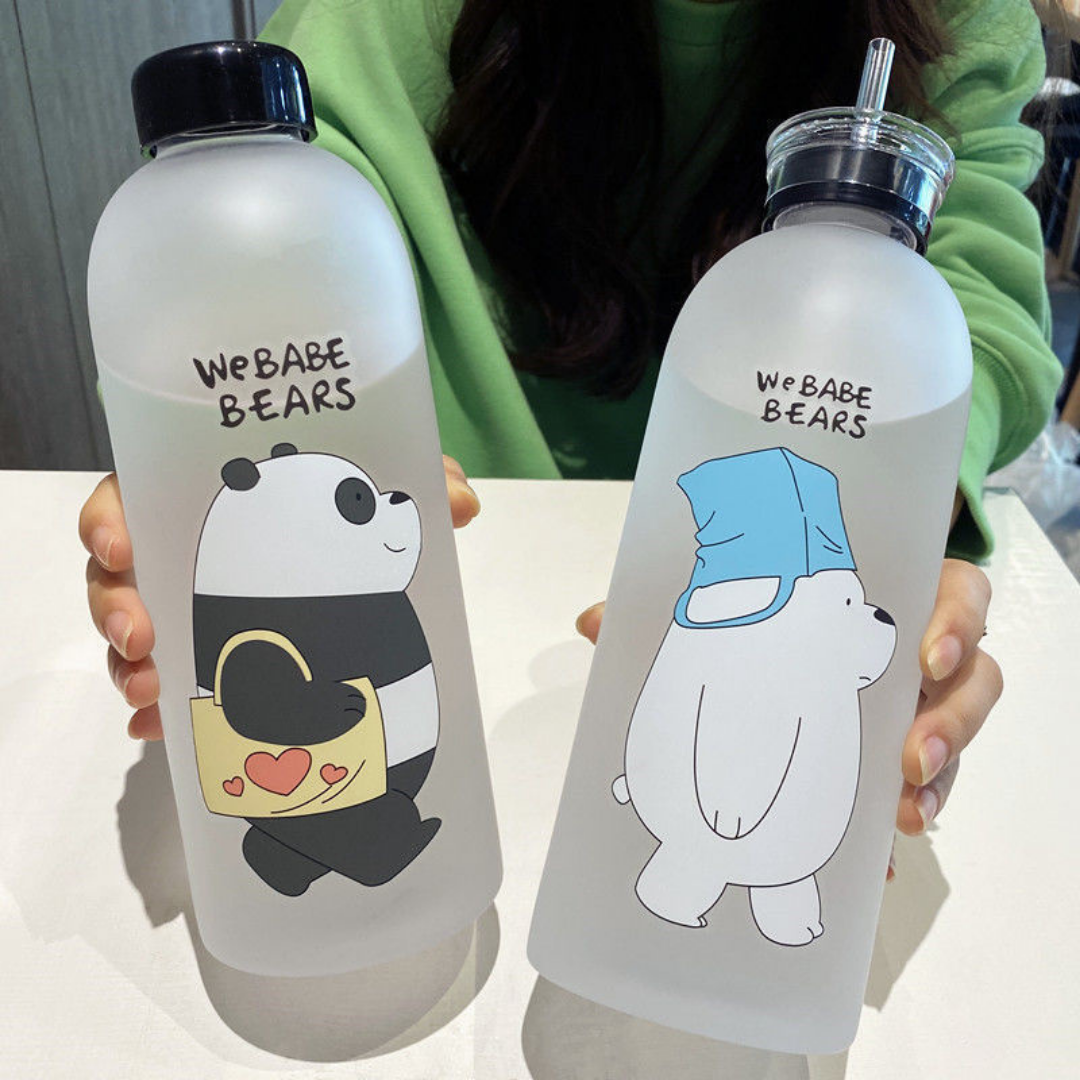 HOMERO Cute Bear Straw Sports Water Bottle – Portable Frosted 1000ml Capacity