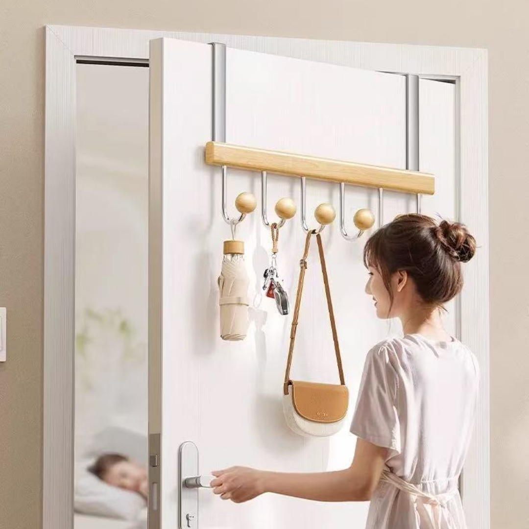 HOMERO 6 Hook Wooden Over Door Hook Rack Cloth Organizer