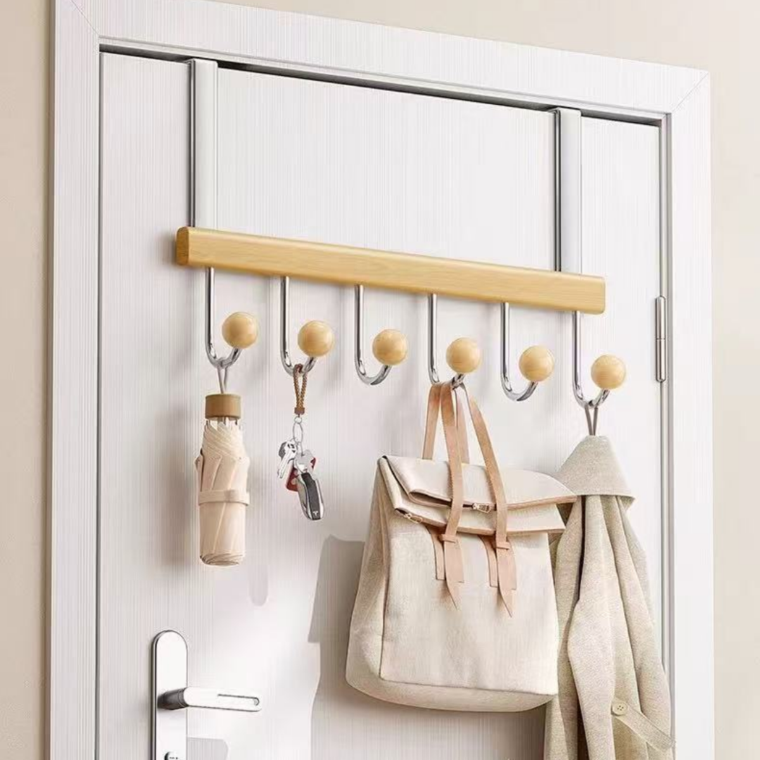 HOMERO 6 Hook Wooden Over Door Hook Rack Cloth Organizer