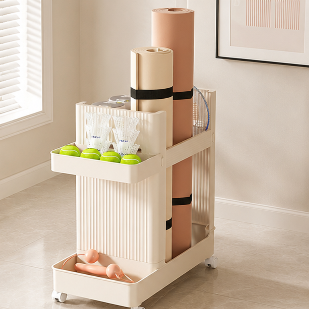 Multipurpose Yoga Mat and Fitness Equipment Storage Rack with Wheels
