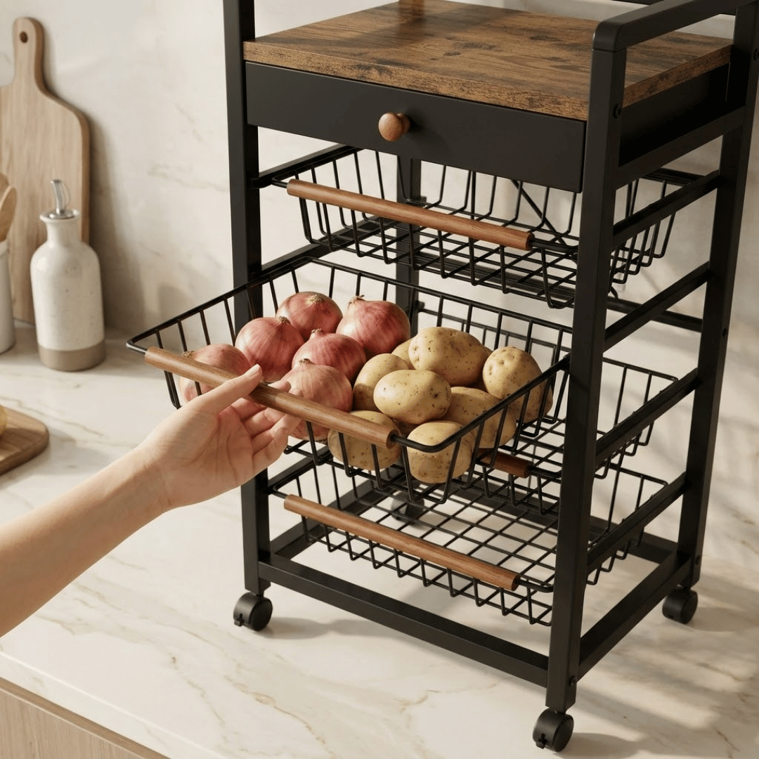 5 Tier Rolling Kitchen Storage Cart with Rustic Wooden Top and Pull Out Wire Baskets