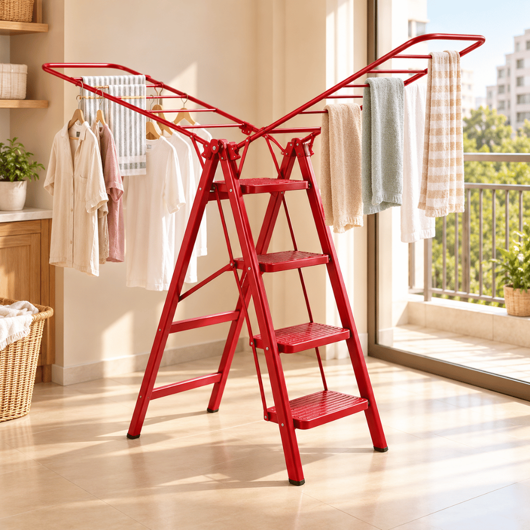Multipurpose Foldable Steel Step Ladder with Integrated Clothes Drying Rack and Extended Wings