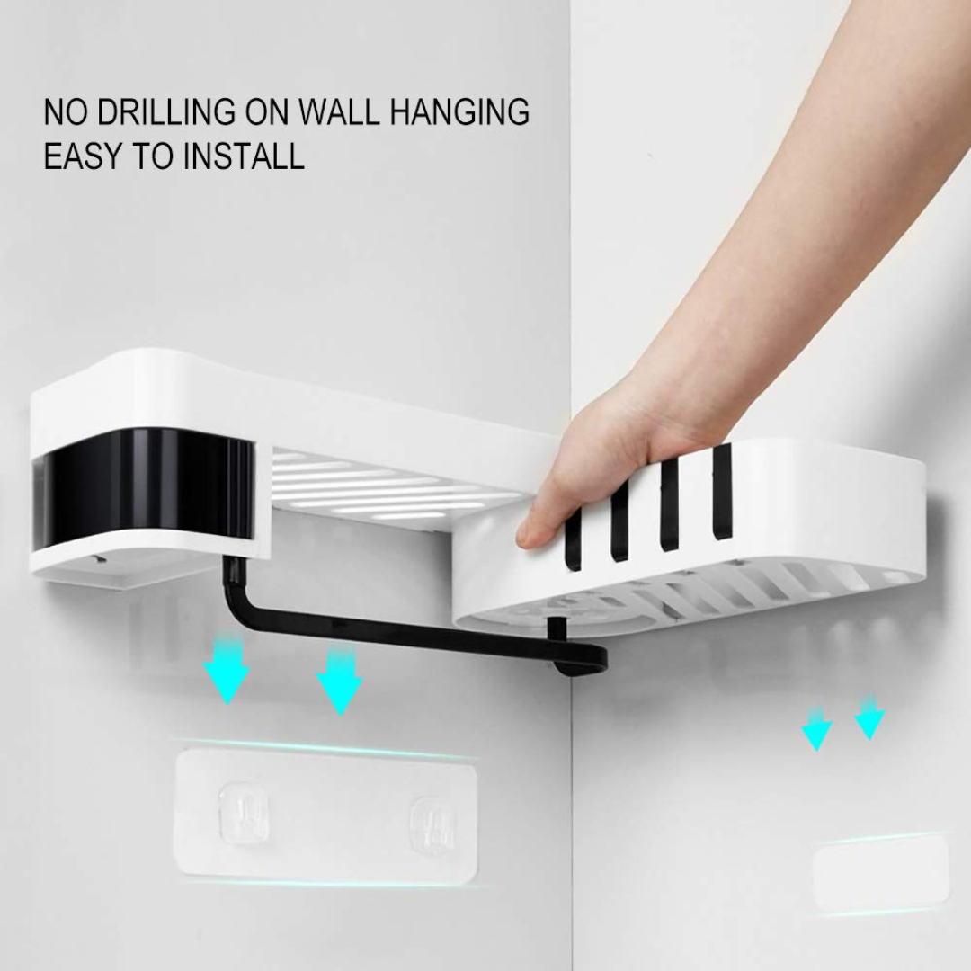 Wall Mounted 180° Foldable Corner Storage Rack with Drainage Design & Hidden Hooks