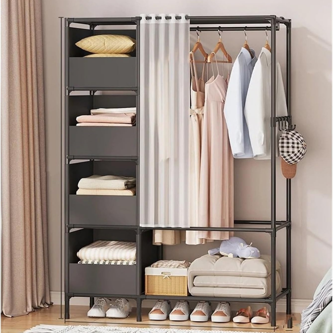 Portable Steel Wardrobe Closet with Curtain and Storage Shelves